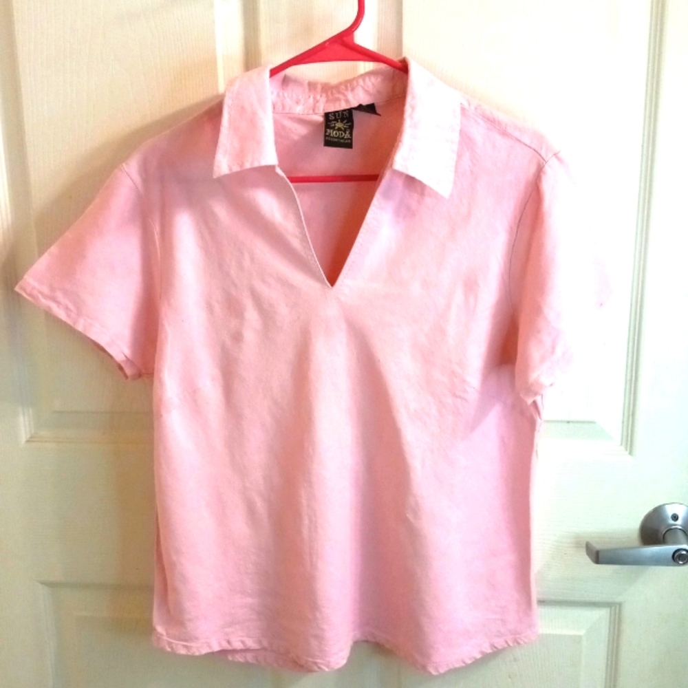 LINEN BLEND Sun Moda Large Pink Short Sleeve Shirt/Top/Blouse  Minimalist